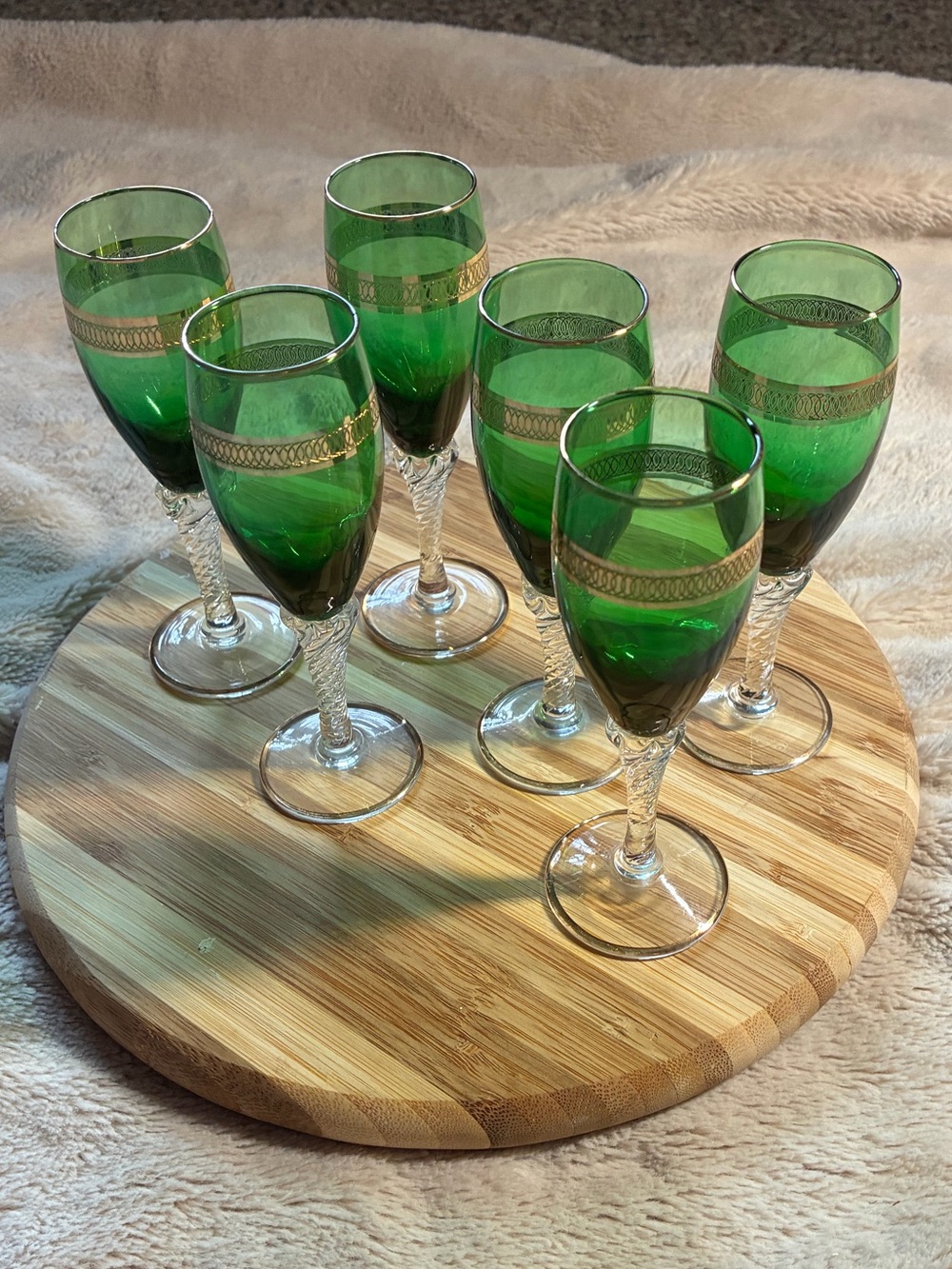 Vintage Green glass cordial glasses with  Gold Accent - Set of 6